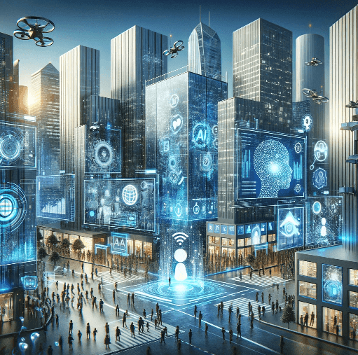 Futuristic cityscape with glowing digital screens and drones, featuring people walking along illuminated streets.
