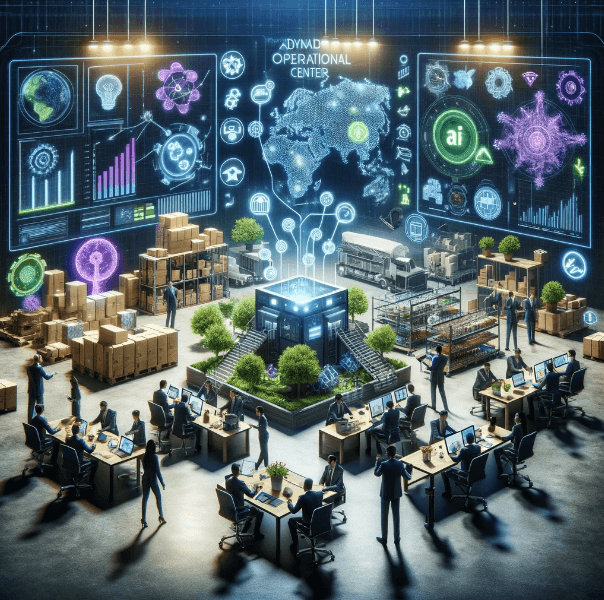 High-tech operations center with people at desks, large digital screens, and futuristic holograms.