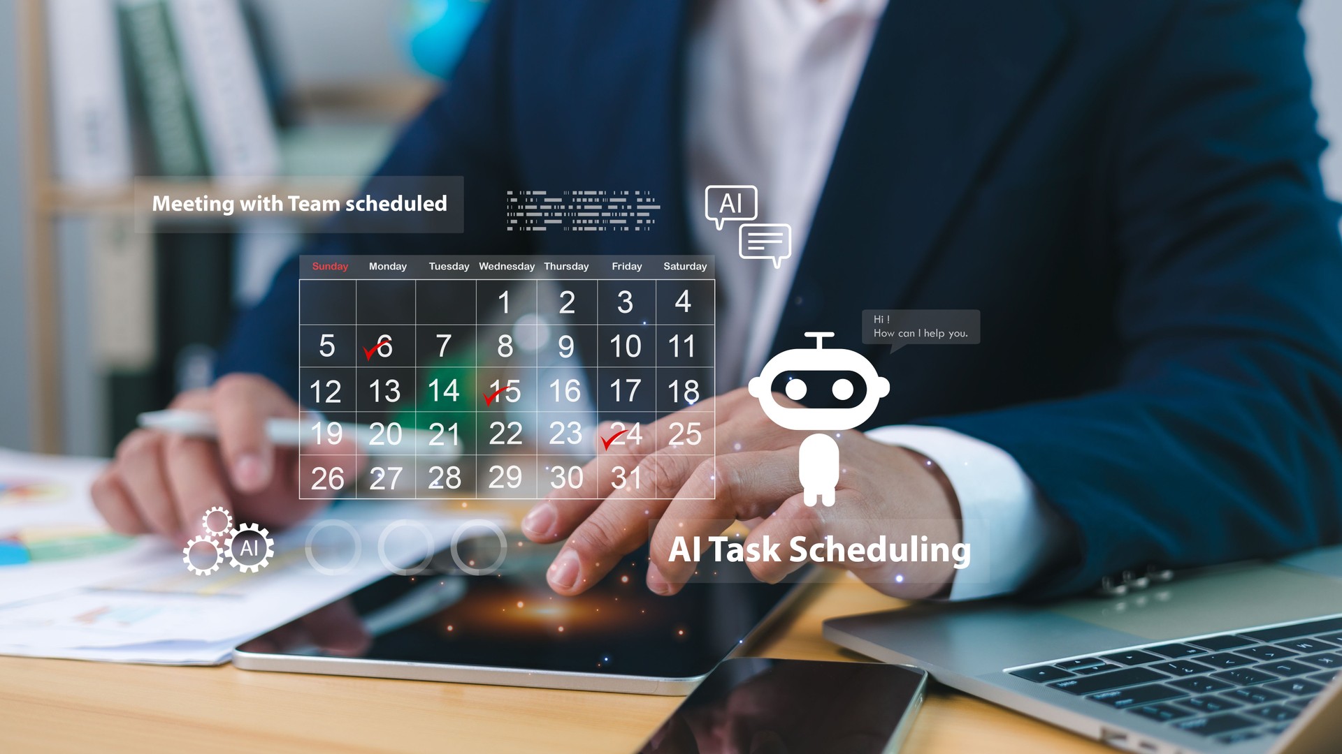 AI task scheduling timeline, AI-enhanced tools empower teams manage workloads, Businessman organizing schedule using Ai, Multitasking to finish daily agenda with AI smart things concept.
