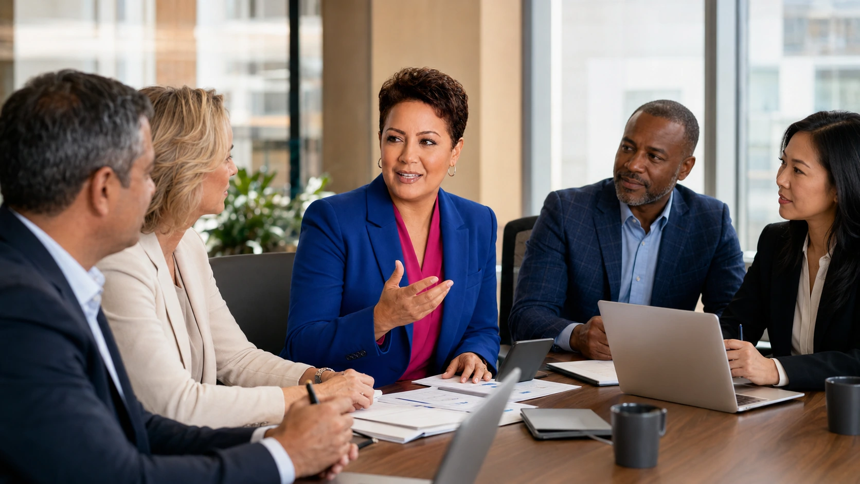 Nilda Thomas in a blue blazer discussing business priorities with a diverse leadership team around a conference table