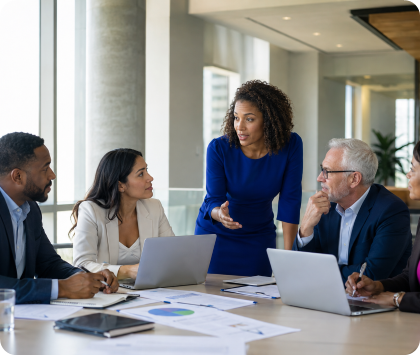A diverse business team collaborating around laptops and planning documents, guided by a colleague in blue